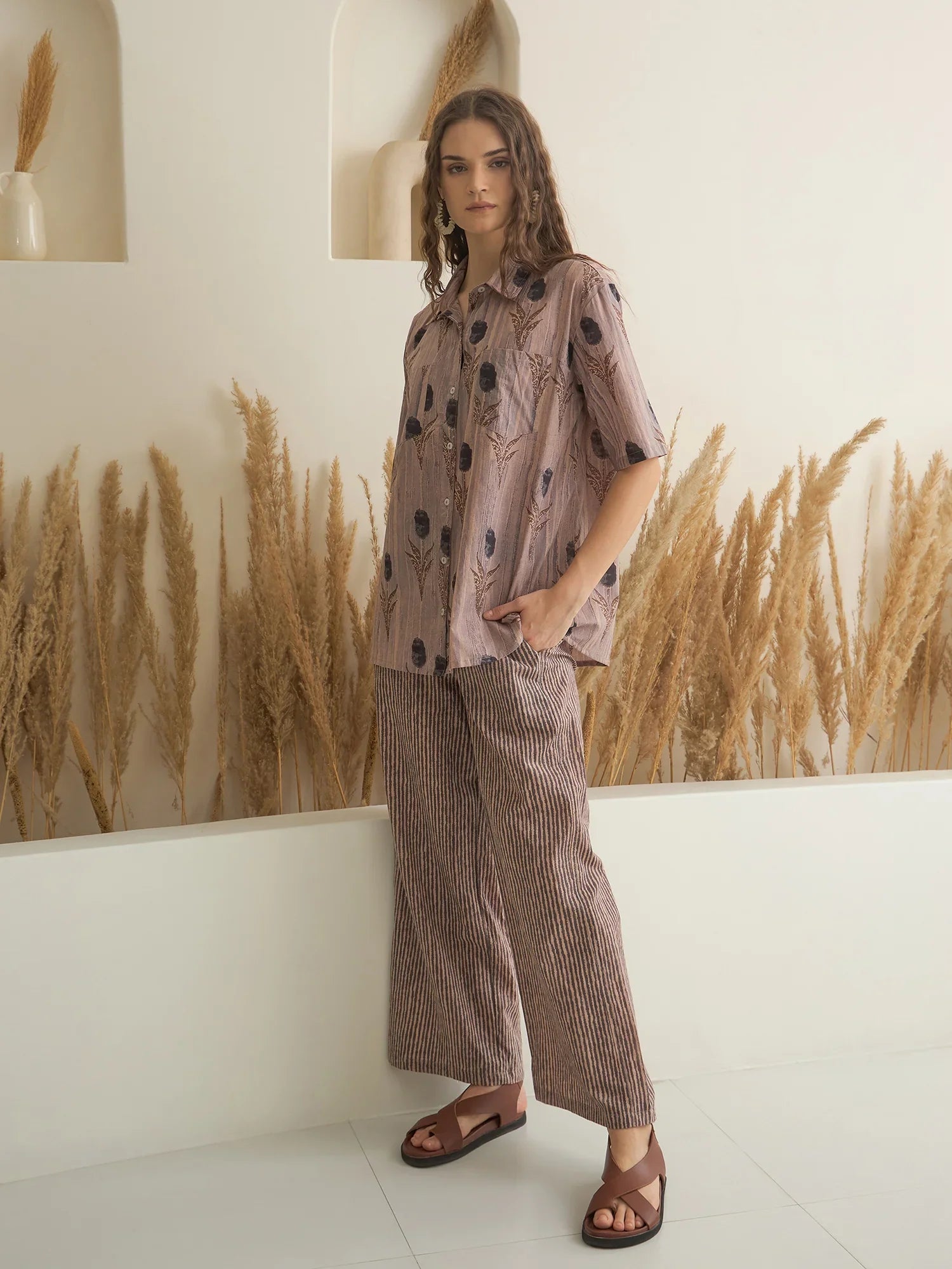 Brown Shirt Collar Pure Cotton Printed Night Suit for Women - SanskrutiHomes 