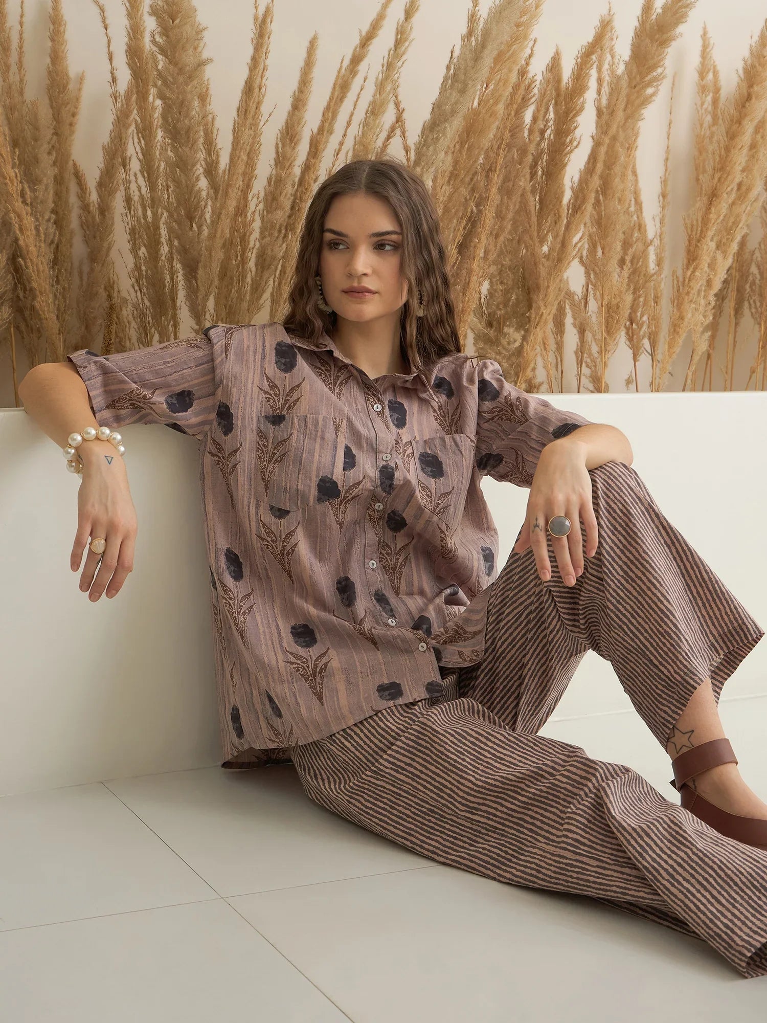 Brown Shirt Collar Pure Cotton Printed Night Suit for Women - SanskrutiHomes 