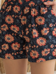 Navy Blue V-Neck Floral Printed Kaftan for Women - SanskrutiHomes 