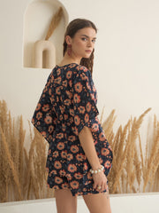 Navy Blue V-Neck Floral Printed Kaftan for Women - SanskrutiHomes 