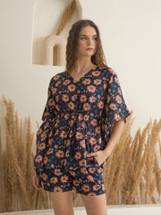 Navy Blue V-Neck Floral Printed Kaftan for Women - SanskrutiHomes 