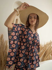 Navy Blue V-Neck Floral Printed Kaftan for Women - SanskrutiHomes 