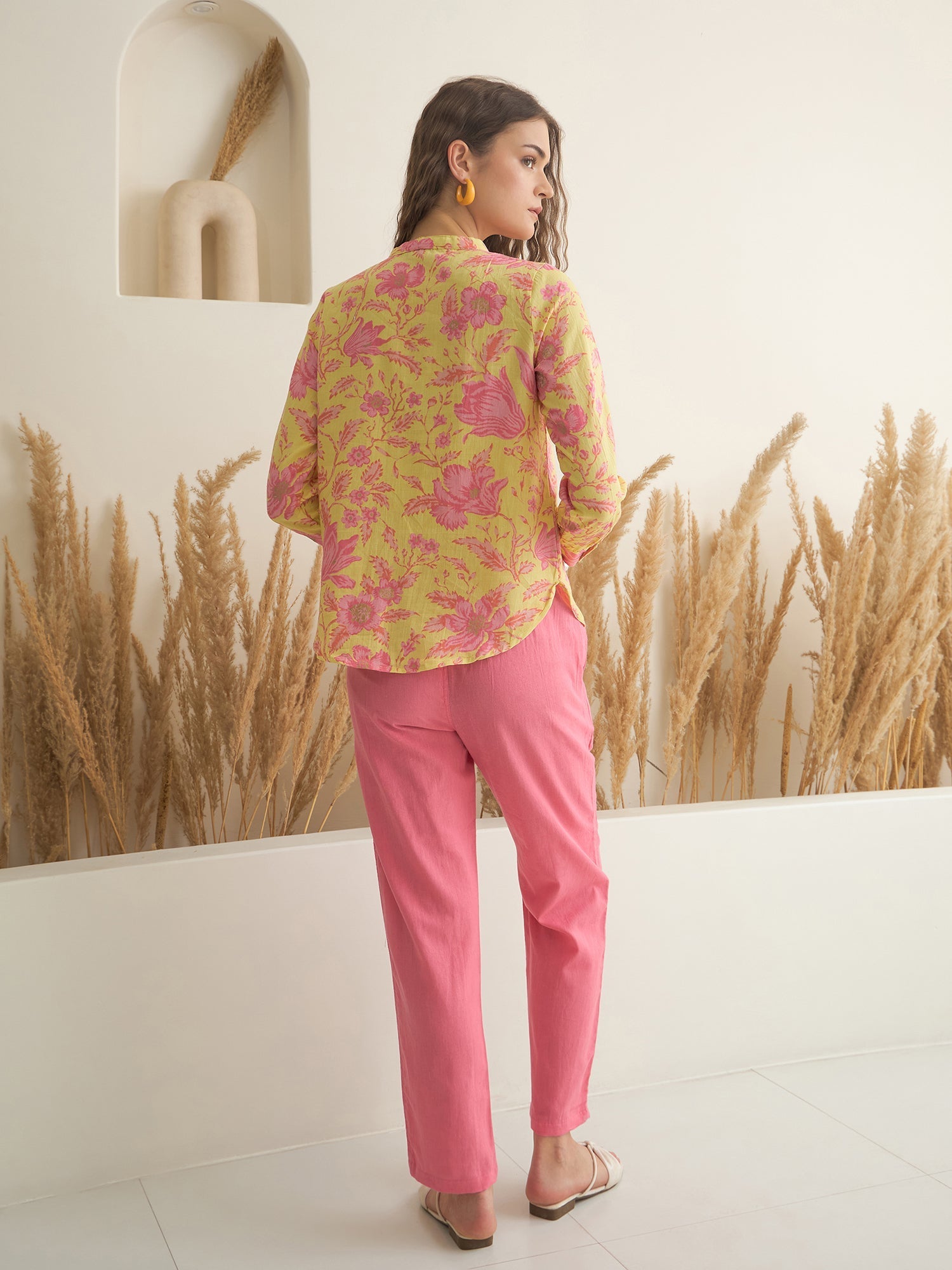 Mustard Mandarin Collar Cotton Shirt Printed Co-ords Set for Women - SanskrutiHomes 