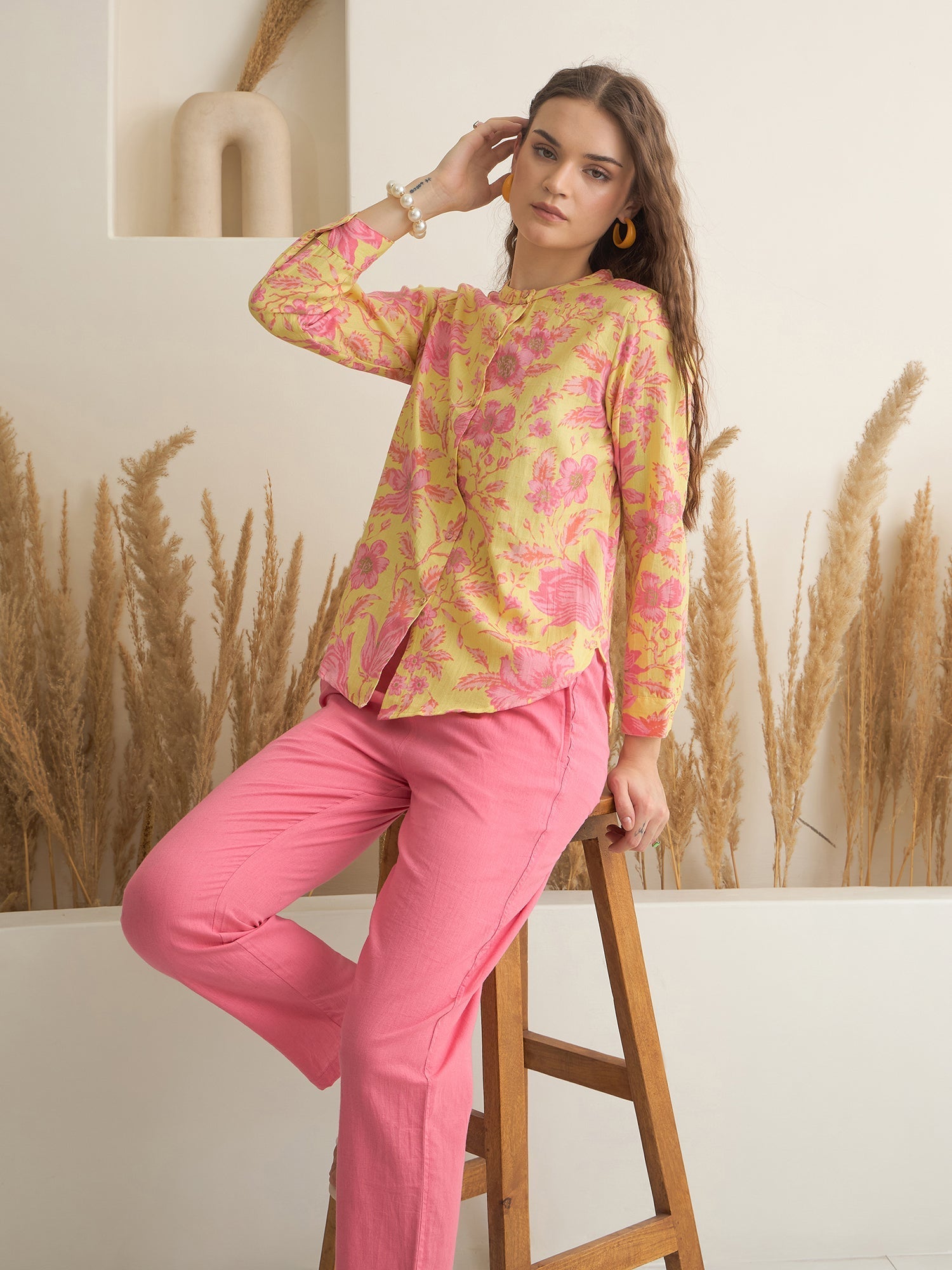 Mustard Mandarin Collar Cotton Shirt Printed Co-ords Set for Women - SanskrutiHomes 