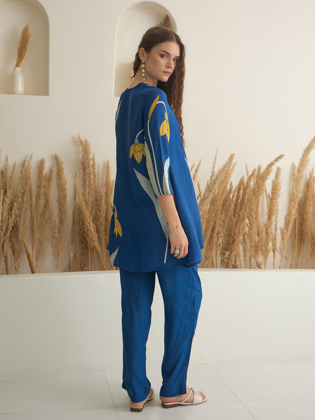 Blue Color V-Neck Silk Blend Printed Co-ords Set for Women - SanskrutiHomes 