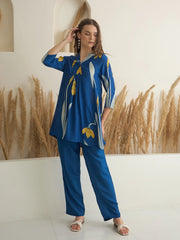 Blue Color V-Neck Silk Blend Printed Co-ords Set for Women - SanskrutiHomes 