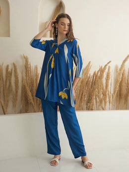 Blue Color V-Neck Silk Blend Printed Co-ords Set for Women - SanskrutiHomes 