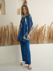 Blue Color V-Neck Silk Blend Printed Co-ords Set for Women - SanskrutiHomes 