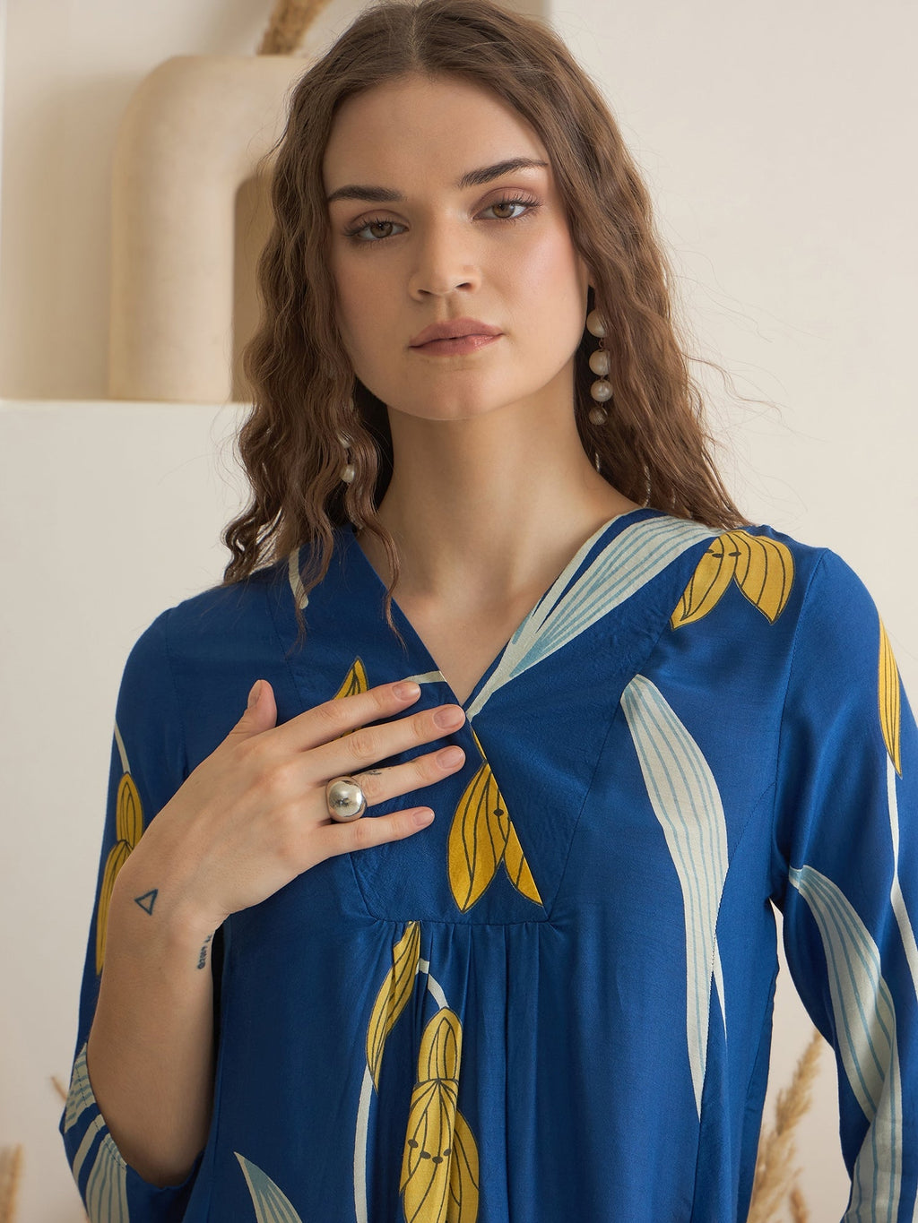 Blue Color V-Neck Silk Blend Printed Co-ords Set for Women - SanskrutiHomes 