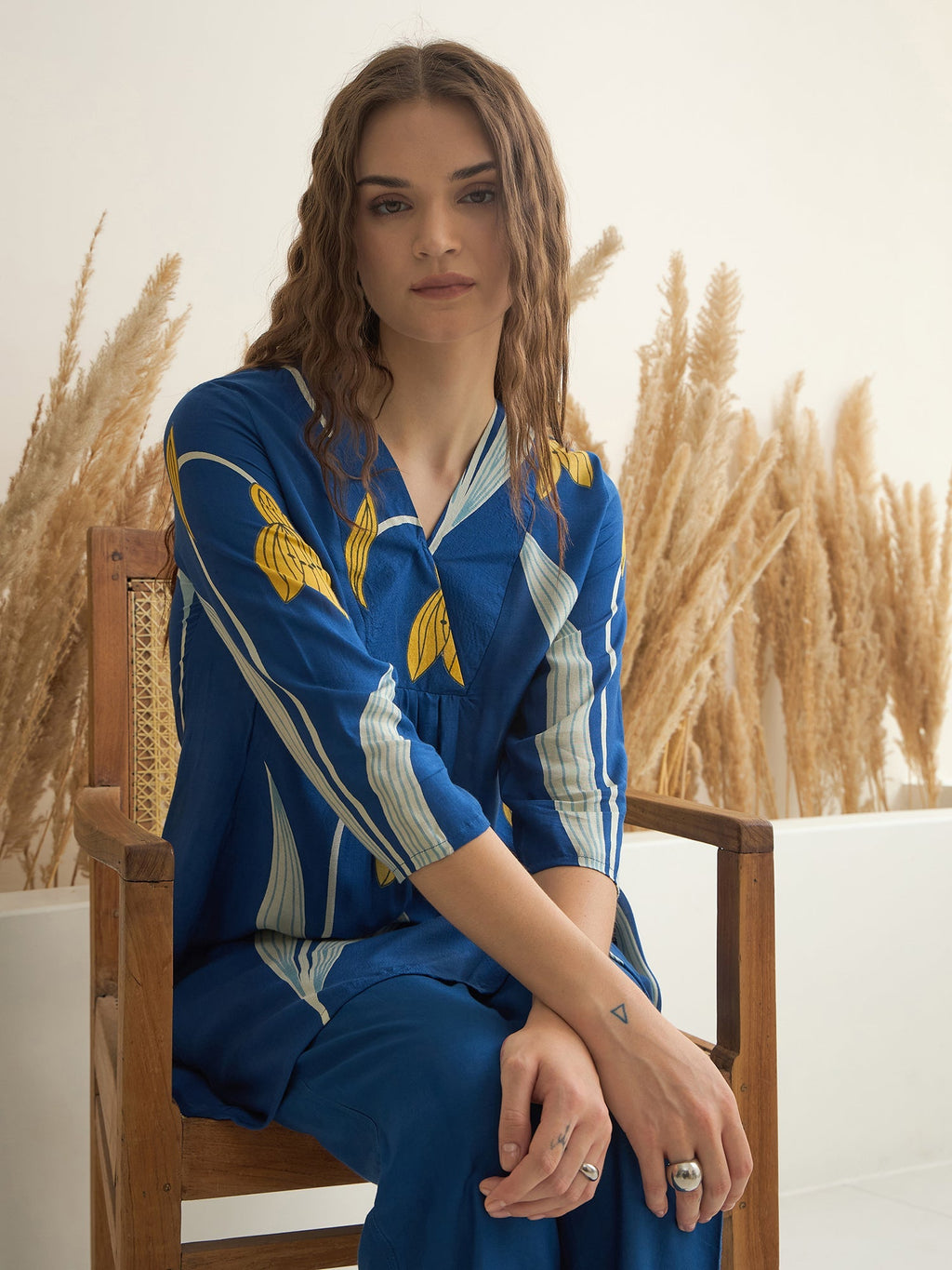 Blue Color V-Neck Silk Blend Printed Co-ords Set for Women - SanskrutiHomes 