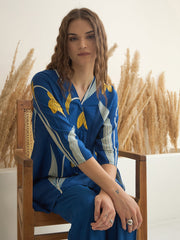 Blue Color V-Neck Silk Blend Printed Co-ords Set for Women - SanskrutiHomes 