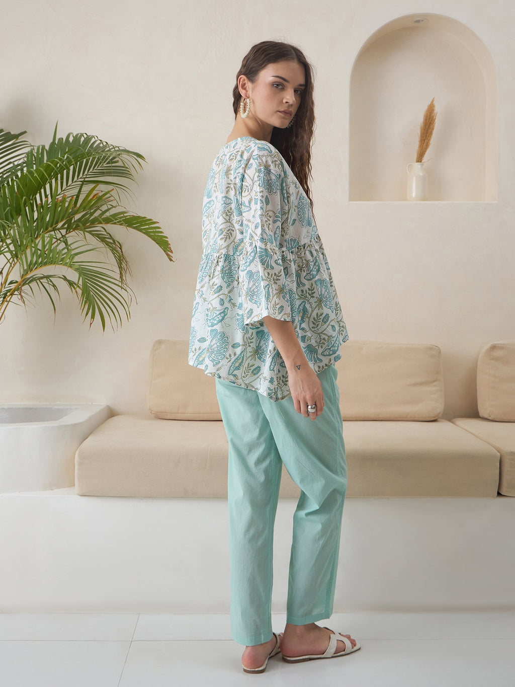 Blue V-Neck Pure Cotton Top Printed Co-ords Set for Women - SanskrutiHomes 