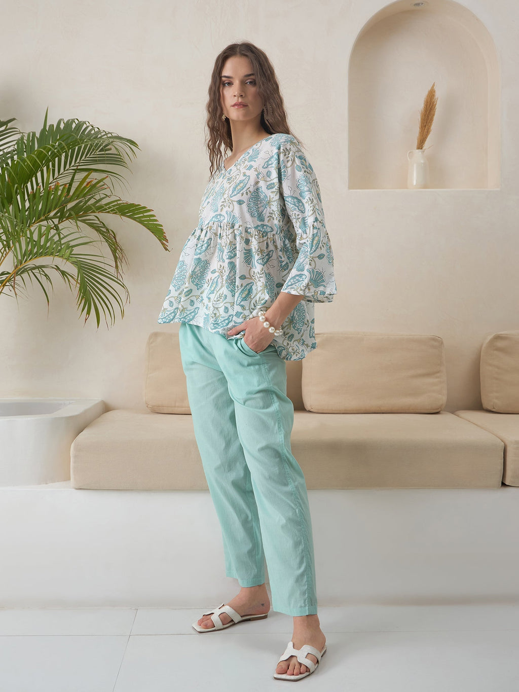 Blue V-Neck Pure Cotton Top Printed Co-ords Set for Women - SanskrutiHomes 