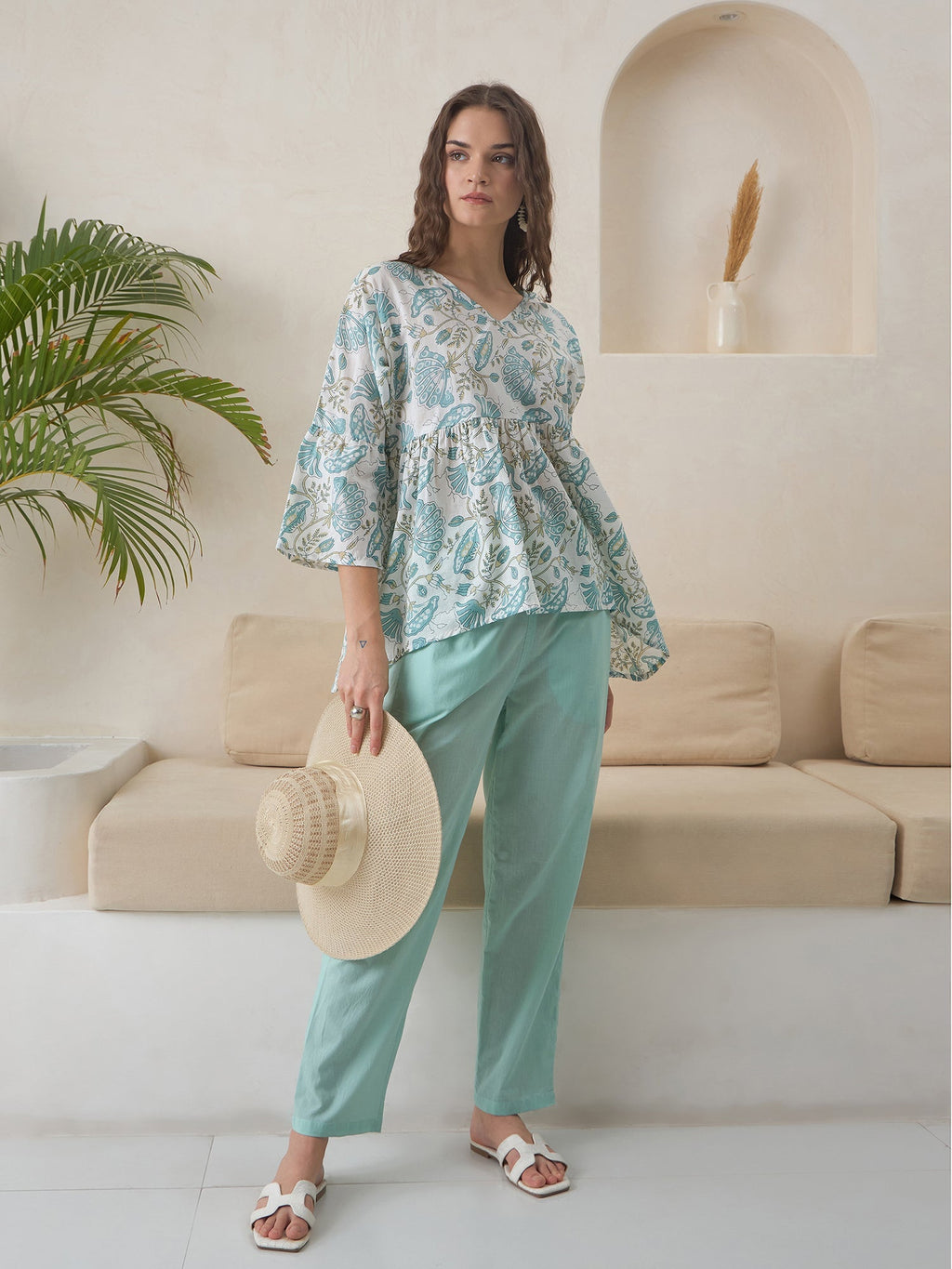 Blue V-Neck Pure Cotton Top Printed Co-ords Set for Women - SanskrutiHomes 