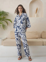 Blue Color Shirt Collar Viscose Rayon Printed Co-ords Set for Women - SanskrutiHomes 