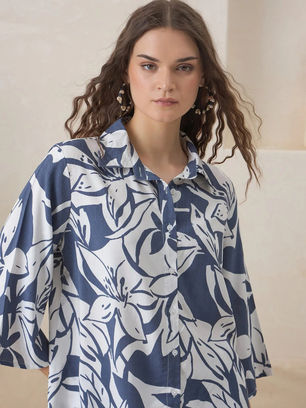 Blue Color Shirt Collar Viscose Rayon Printed Co-ords Set for Women - SanskrutiHomes 