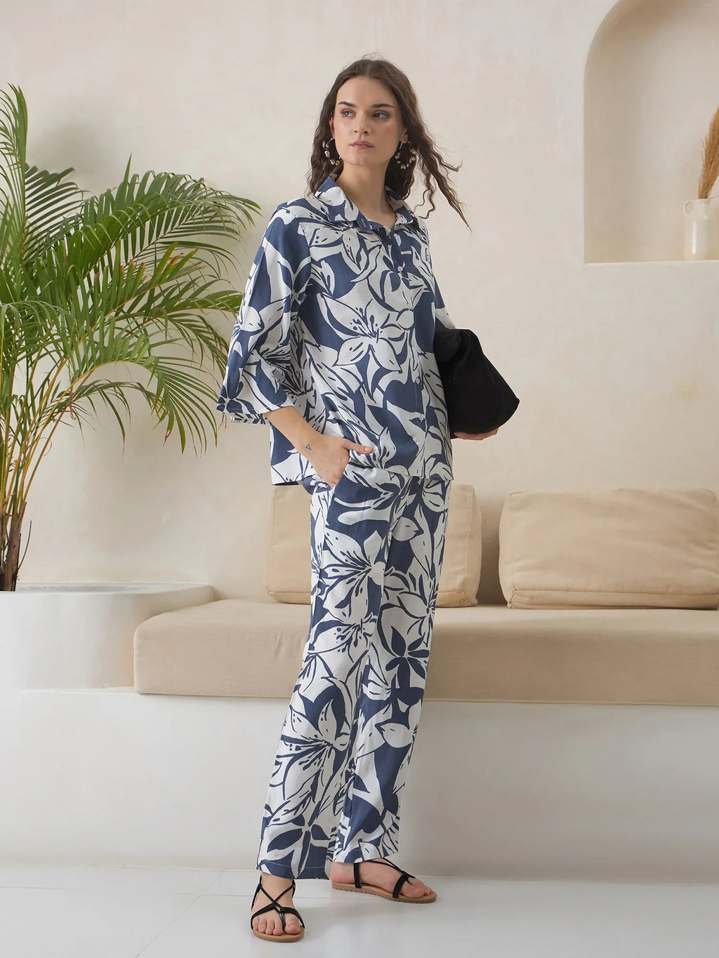 Blue Color Shirt Collar Viscose Rayon Printed Co-ords Set for Women - SanskrutiHomes 