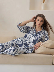 Blue Shirt Collar Viscose Rayon Co-ords Set for Women - SanskrutiHomes 
