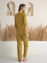 Yellow Round Neck Pure Cotton Printed Night Suit for Women - SanskrutiHomes 