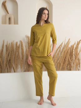 Yellow Round Neck Pure Cotton Printed Night Suit for Women - SanskrutiHomes 