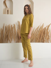 Yellow Round Neck Pure Cotton Printed Night Suit for Women - SanskrutiHomes 