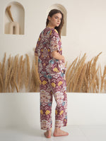 Rust V-Neck Pure Cotton Printed Night Suit for Women - SanskrutiHomes 