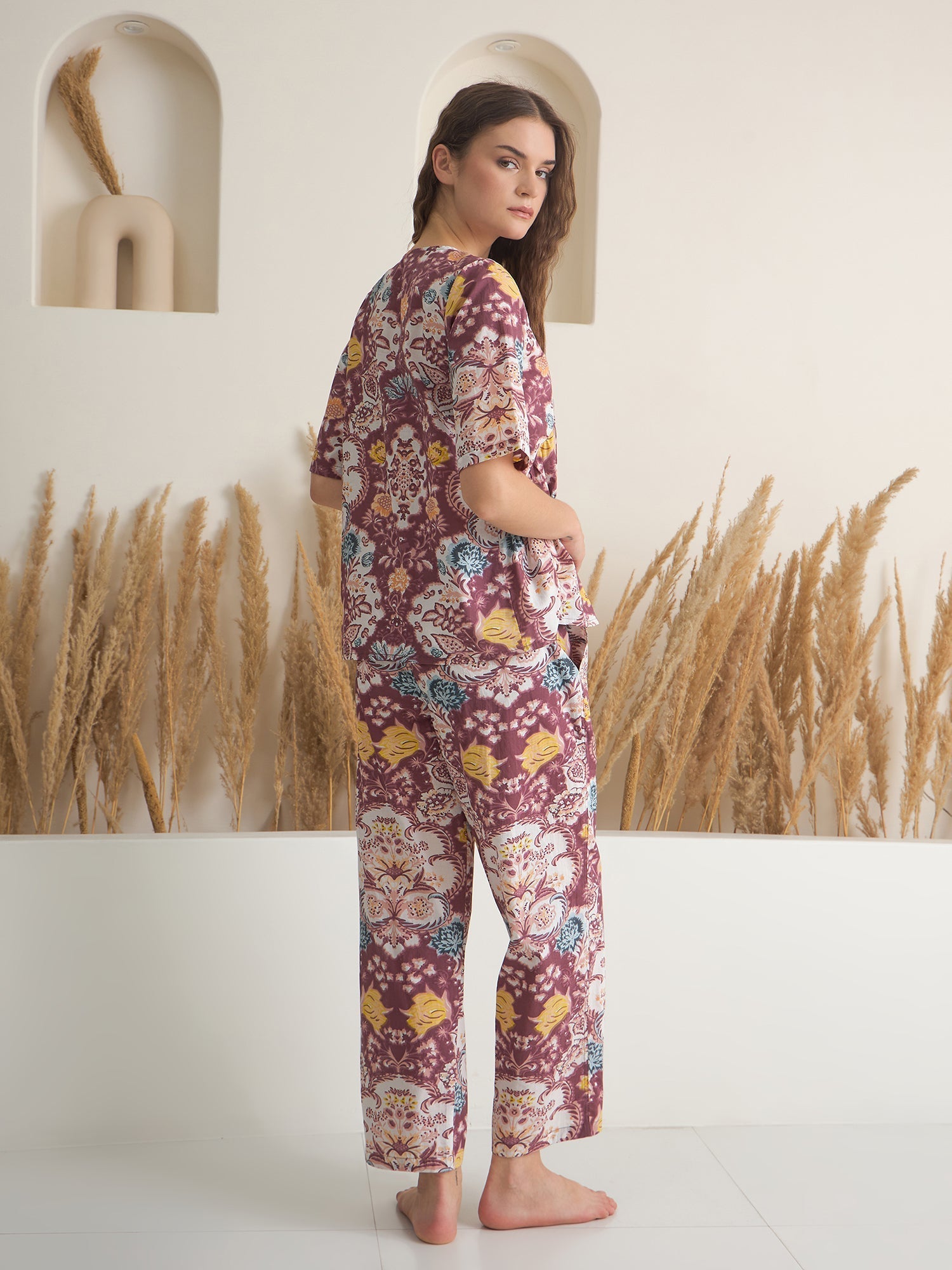 Rust V-Neck Pure Cotton Printed Night Suit for Women - SanskrutiHomes 