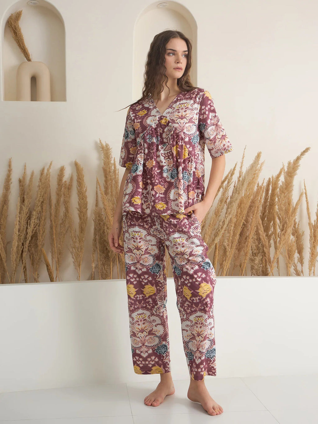 Rust V-Neck Pure Cotton Printed Night Suit for Women - SanskrutiHomes 