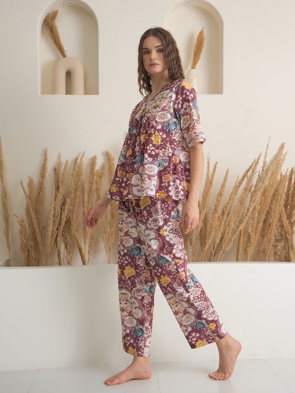 Rust V-Neck Pure Cotton Printed Night Suit for Women - SanskrutiHomes 