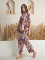 Rust V-Neck Pure Cotton Printed Night Suit for Women - SanskrutiHomes 