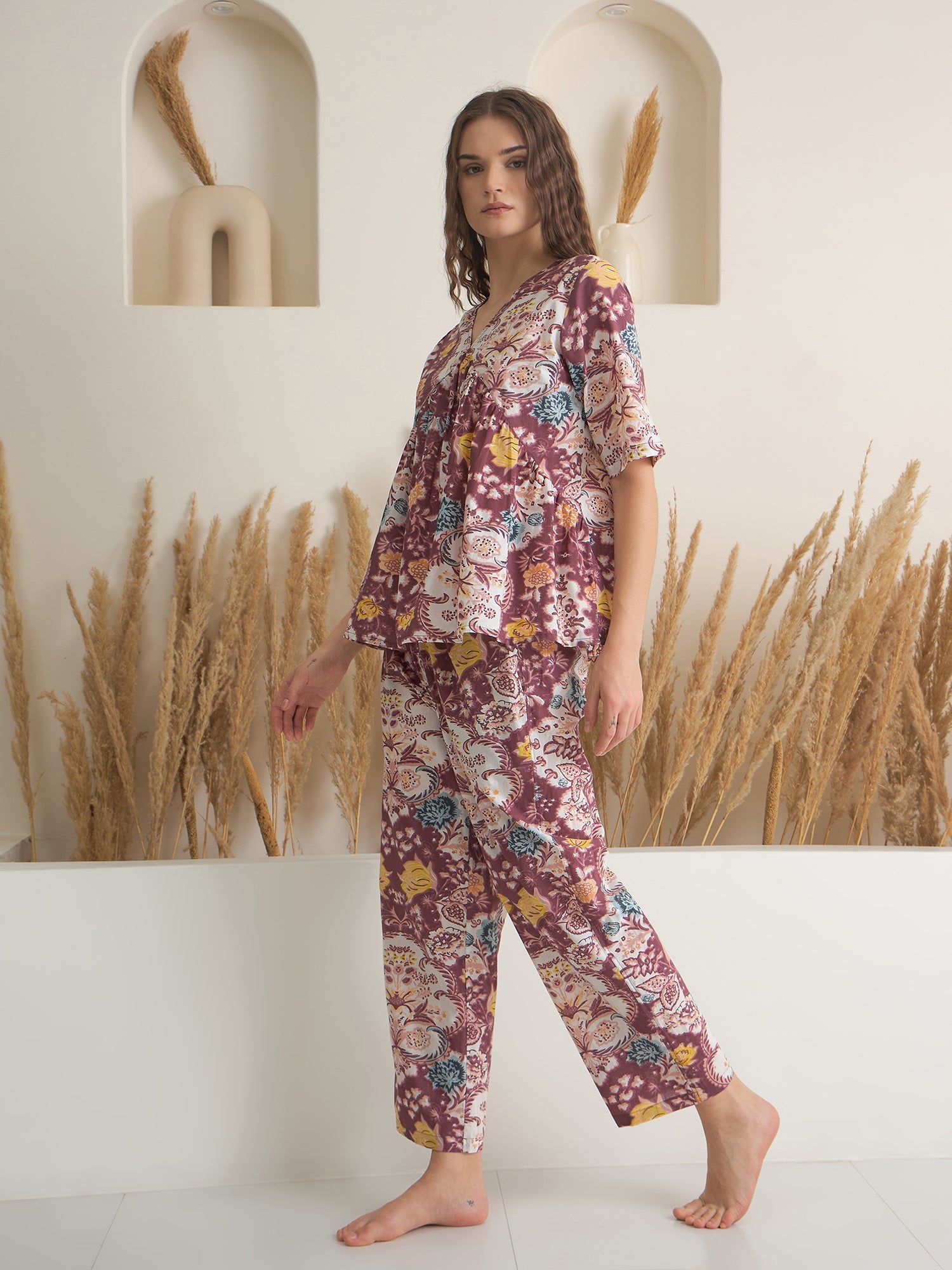 Rust V-Neck Pure Cotton Printed Night Suit for Women - SanskrutiHomes 