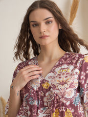 Rust V-Neck Pure Cotton Printed Night Suit for Women - SanskrutiHomes 