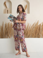 Rust V-Neck Pure Cotton Printed Night Suit for Women - SanskrutiHomes 