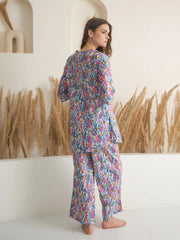 Blue Floral Printed Cotton Night Suit for Women - SanskrutiHomes 