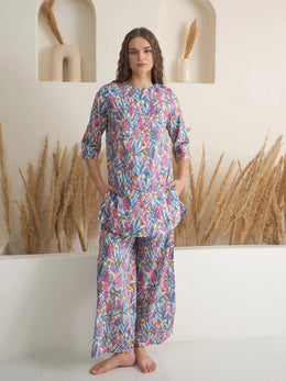Blue Floral Printed Cotton Night Suit for Women - SanskrutiHomes 