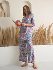 Blue Floral Printed Cotton Night Suit for Women - SanskrutiHomes 