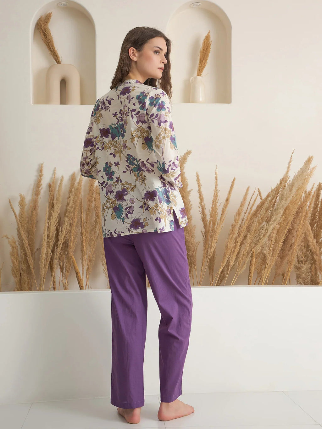 White V-Neck Pure Cotton Printed Night Suit for Women - SanskrutiHomes 