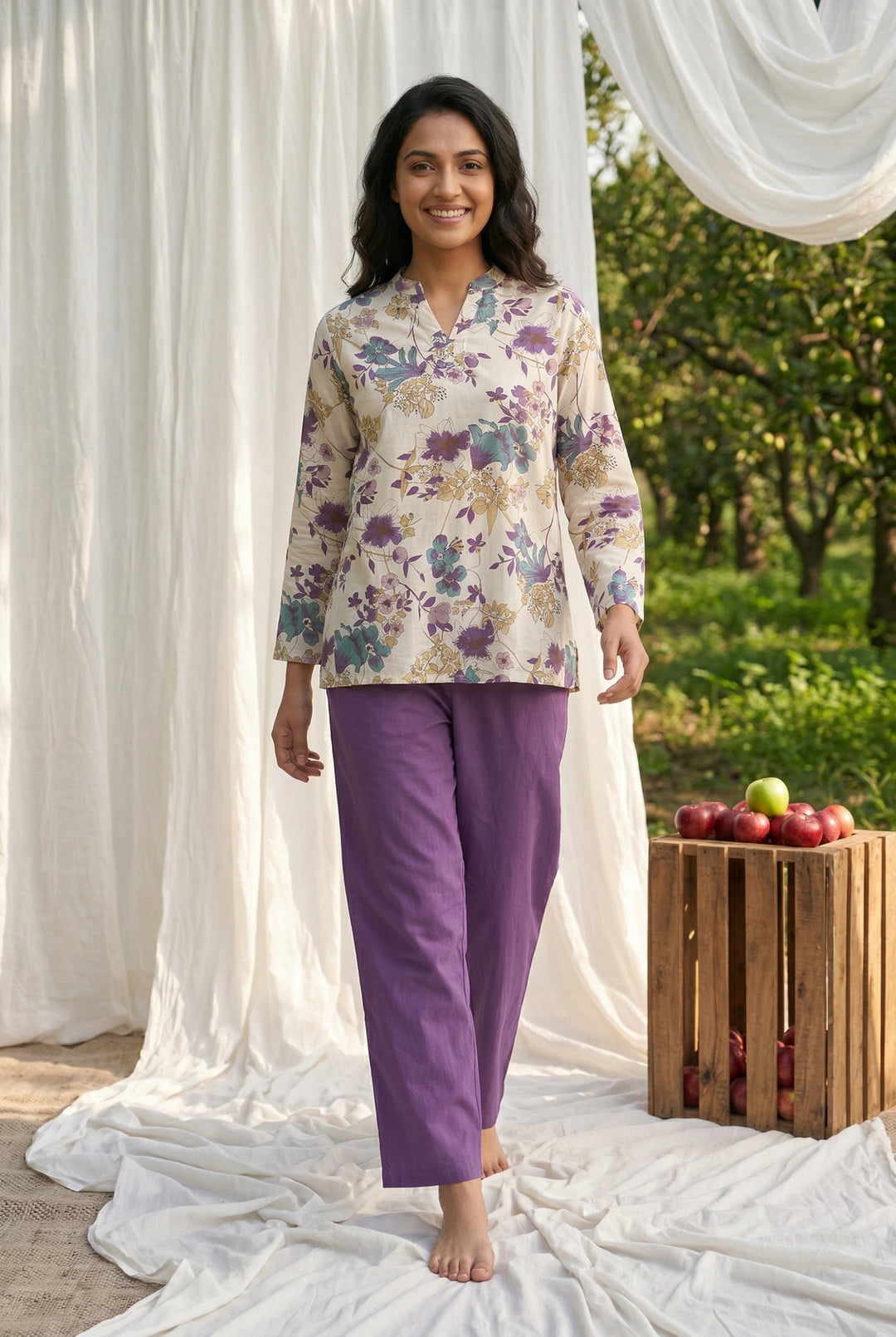White Floral Print V-Neck Pure Cotton Night Suit For Women