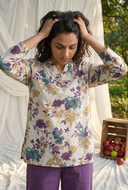 White Floral Print V-Neck Pure Cotton Night Suit For Women