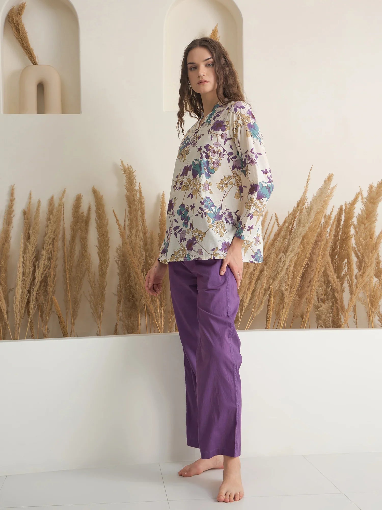 White V-Neck Pure Cotton Printed Night Suit for Women - SanskrutiHomes 