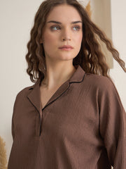Brown V-Neck Viscose Rayon Solid Night Suit For Women