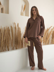 Brown V-Neck Viscose Rayon Solid Night Suit For Women