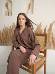Brown V-Neck Viscose Rayon Solid Night Suit For Women