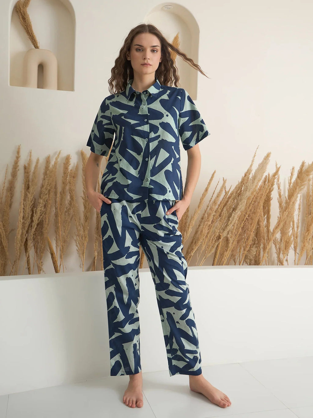 Navy Blue Shirt Collar Printed Night Suit - SanskrutiHomes 