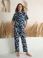 Navy Blue Shirt Collar Printed Night Suit - SanskrutiHomes 