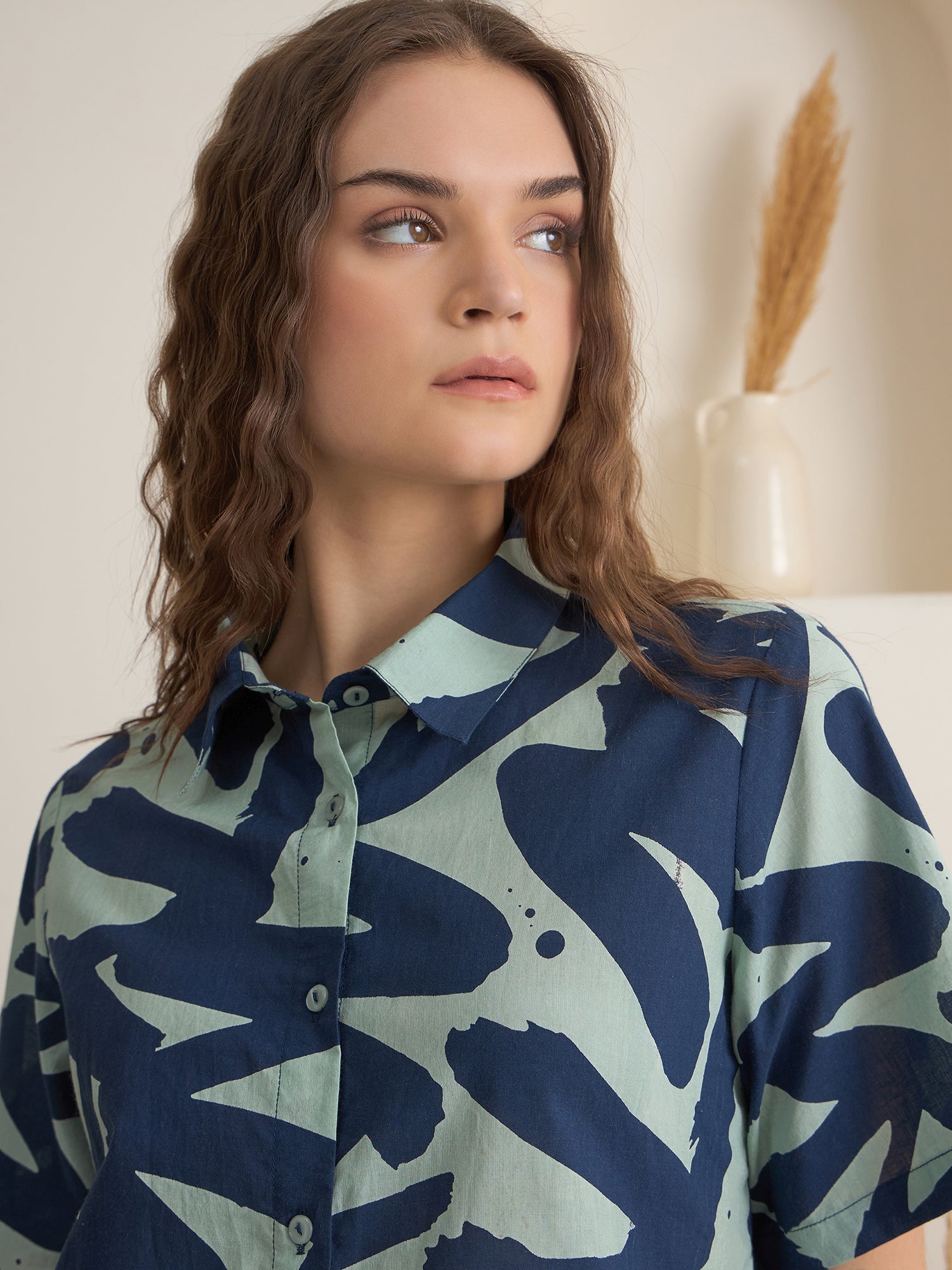 Navy Blue Shirt Collar Printed Night Suit - SanskrutiHomes 