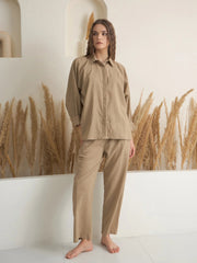 Beige Shirt Collar Pure Cotton Solid Night Suit for Women - SanskrutiHomes 