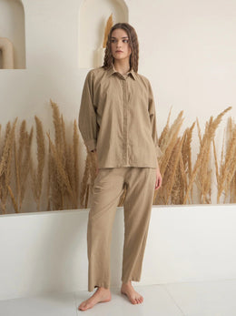 Beige Shirt Collar Pure Cotton Solid Night Suit for Women - SanskrutiHomes 