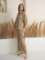 Beige Shirt Collar Pure Cotton Solid Night Suit for Women - SanskrutiHomes 