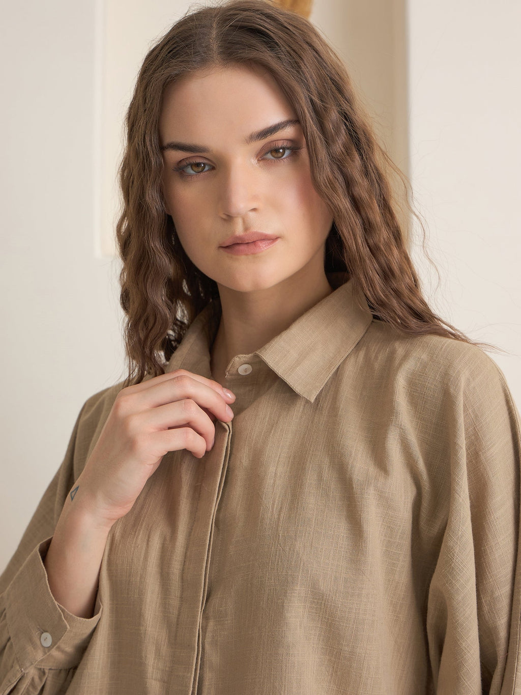 Beige Shirt Collar Pure Cotton Solid Night Suit for Women - SanskrutiHomes 